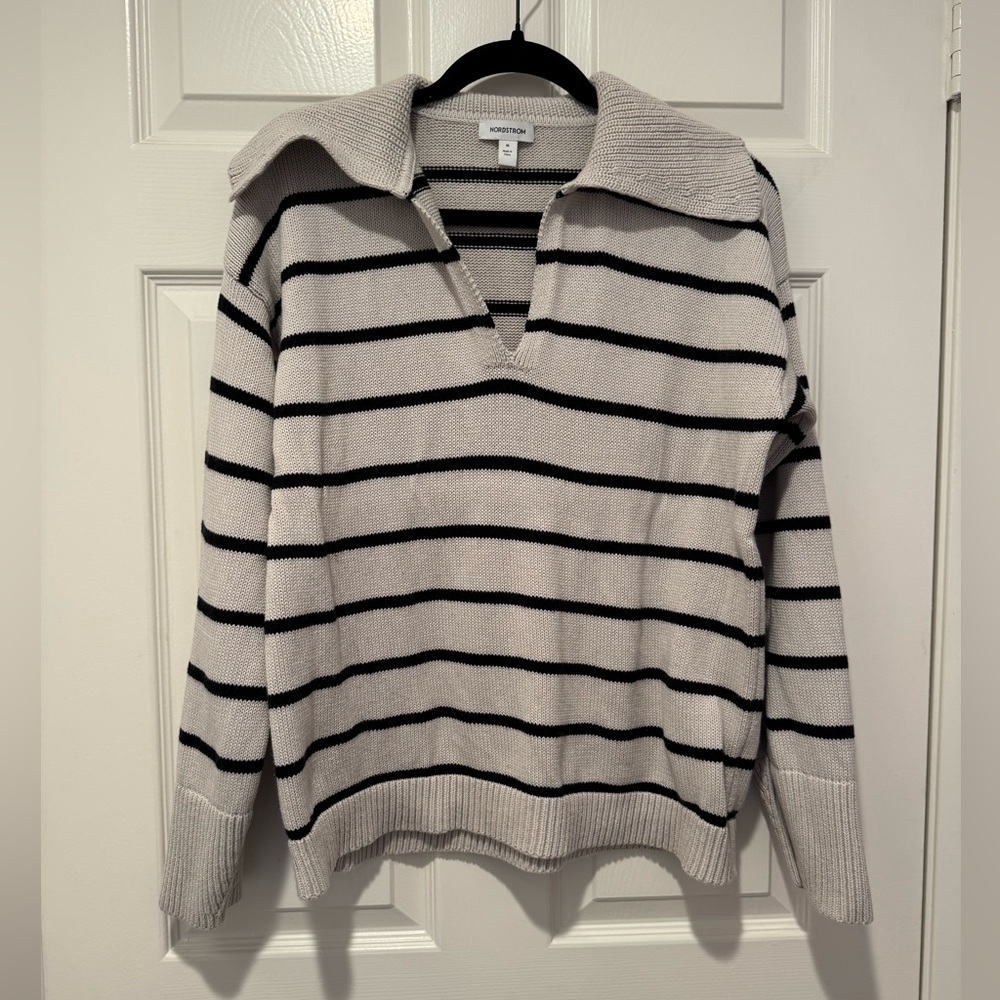 Nordstrom Black and Cream Striped V-Neck Sweater